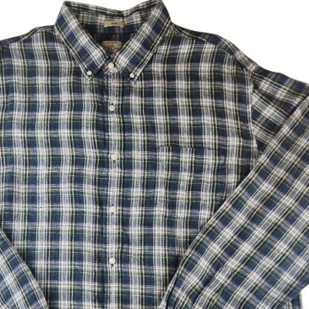 J.Crew Irish Linen Slim Fit Plaid Button Down Shirt Blue Green XXL AK249